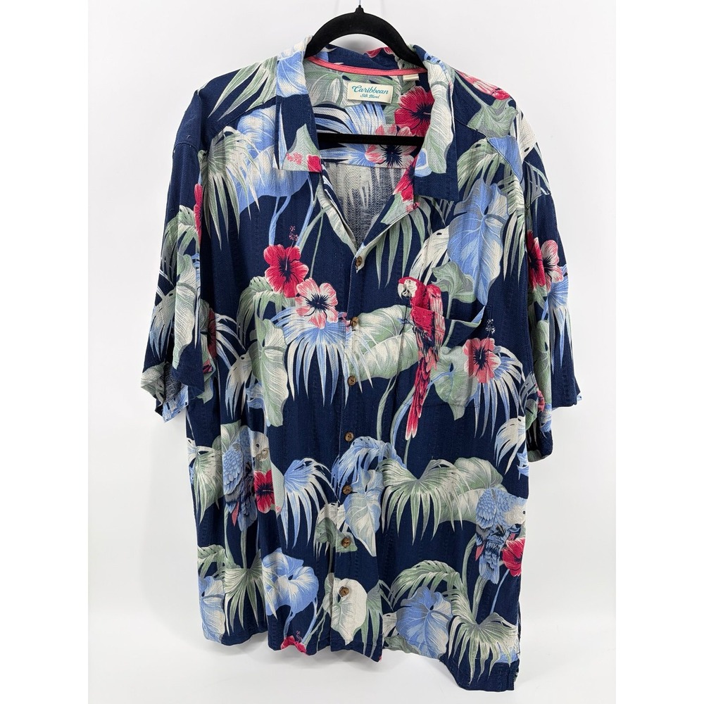 Caribbean, Blue Hawaiian Floral Parrot Pattern, Button-Front Shirt, Men 3XT